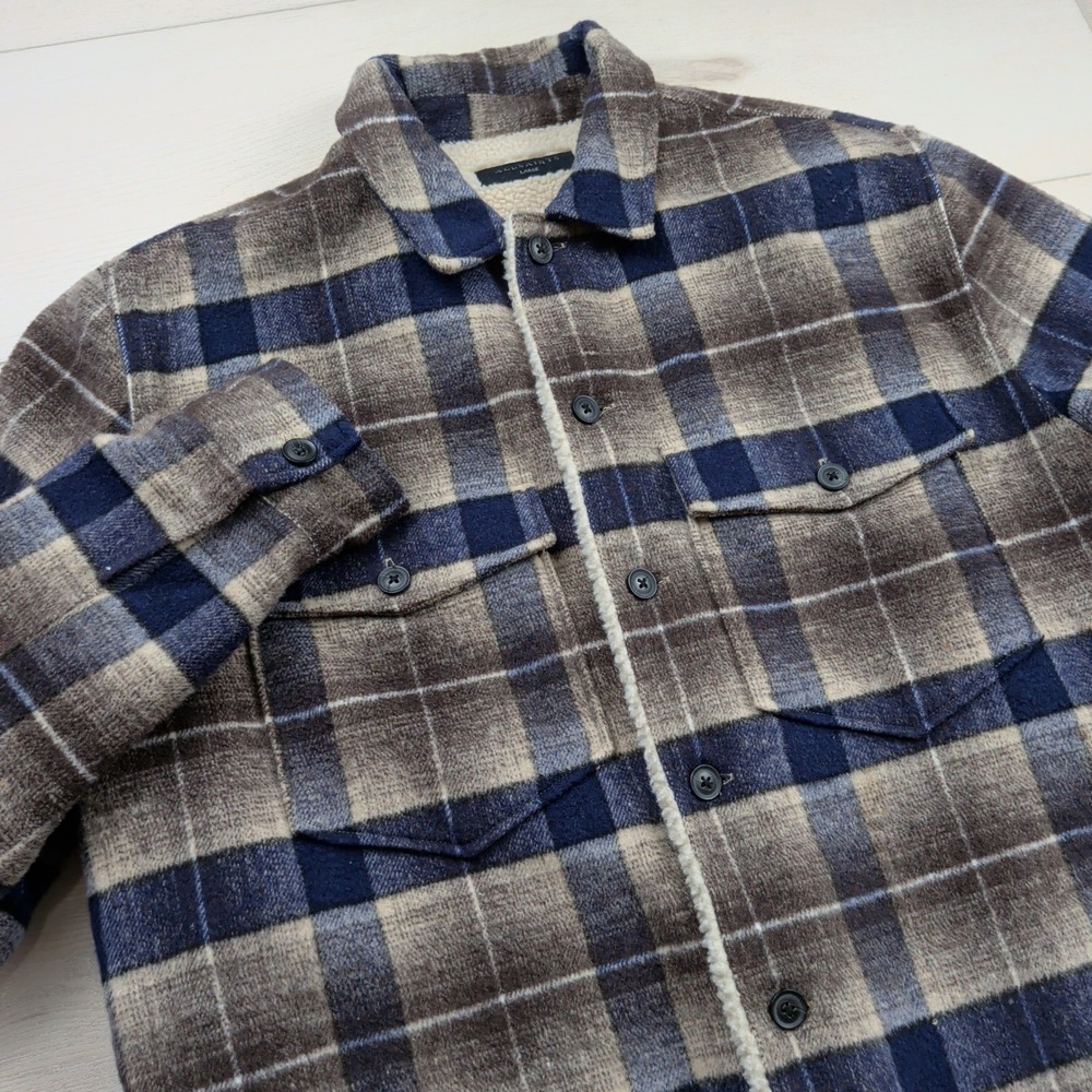 AllSaints Willingboro Jacket Mens Large Blue Brown Plaid Sherpa Lined MJ106X